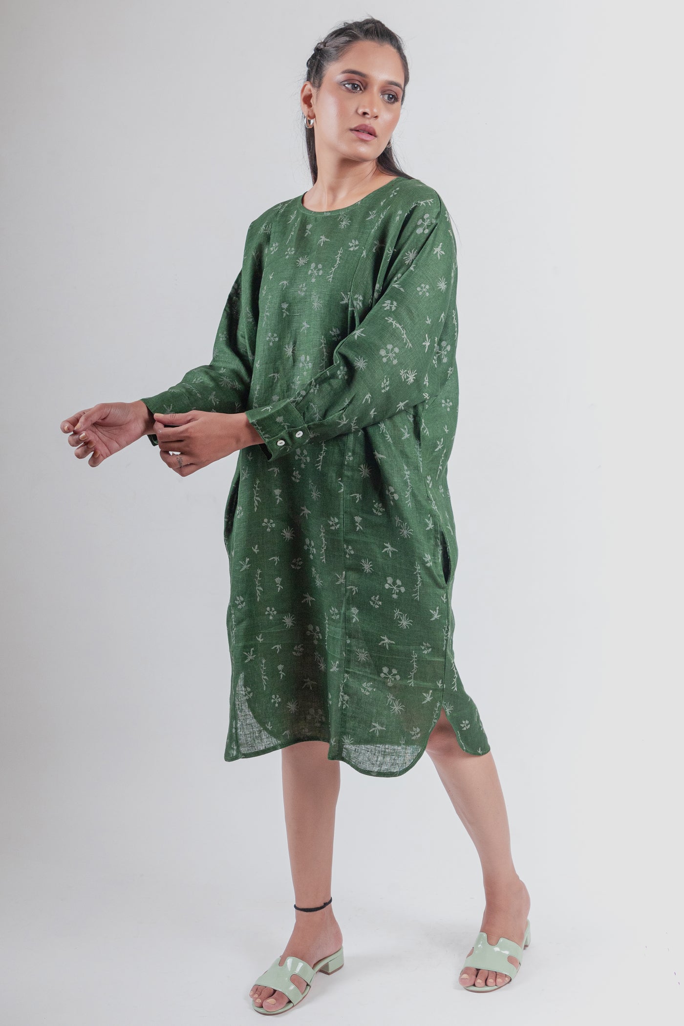 Green Botanical print Dolman Sleeve dress